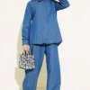 Shoulder Epaulette Hidden Button Denim Two-Piece Set Blue