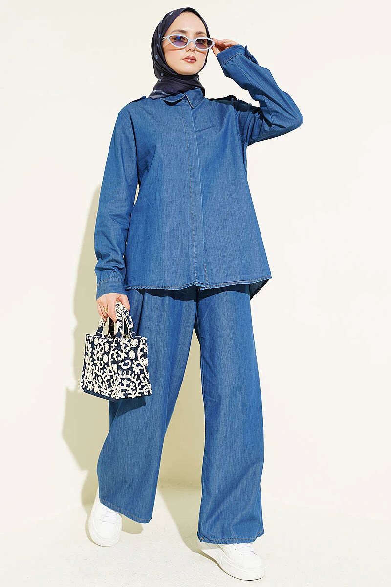 Shoulder Epaulette Hidden Button Denim Two-Piece Set Blue wholesale clothing set - Hicabistan Turkey factory