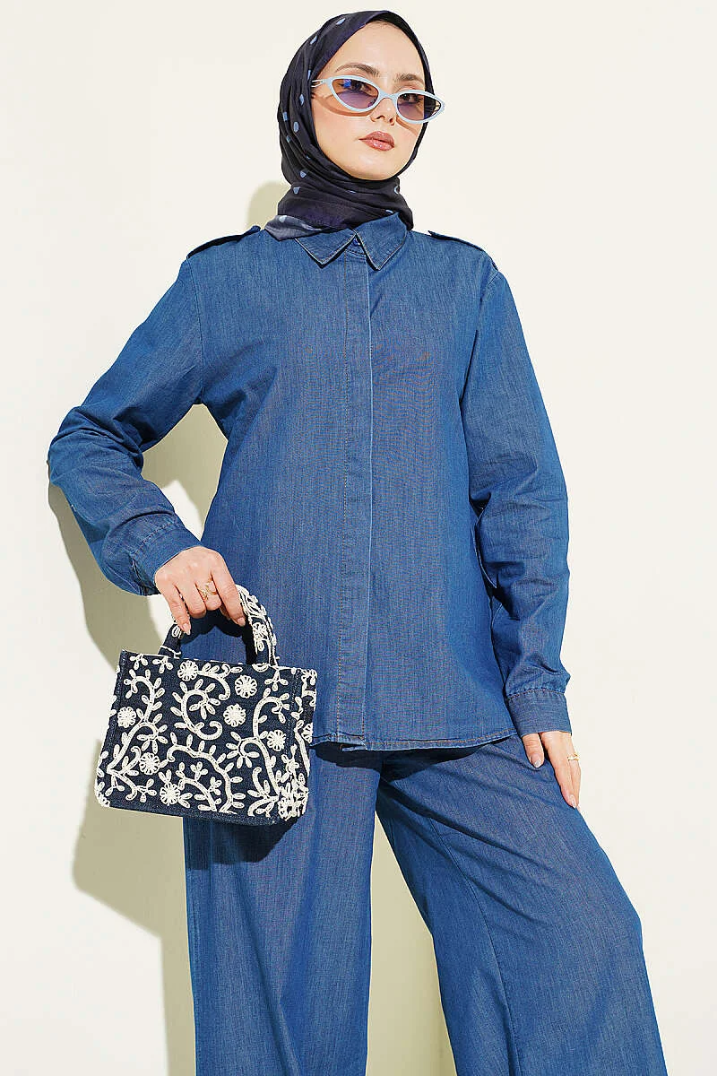 Shoulder Epaulette Hidden Button Denim Two-Piece Set Blue wholesale clothing set view 2 - Hicabistan Turkey factory
