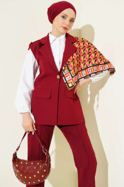 Shoulder Epaulet Gold Button Vest Set Burgundy wholesale clothing set view 2 - Hicabistan Turkey factory