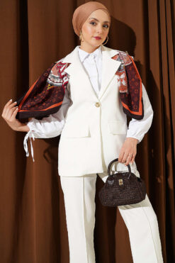 Shoulder Epaulet Gold Button Vest Set Ecru wholesale clothing set view 2 - Hicabistan Turkey factory