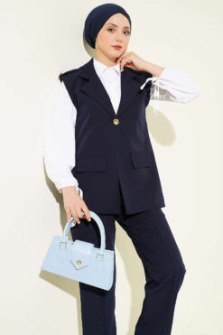 Shoulder Epaulet Gold Button Vest Set Navy Blue wholesale clothing set view 2 - Hicabistan Turkey factory