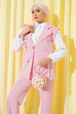 Shoulder Epaulet Gold Button Vest Set Pink wholesale clothing set view 2 - Hicabistan Turkey factory