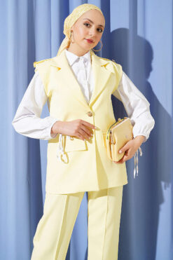 Shoulder Epaulet Gold Button Vest Set Yellow wholesale clothing set view 2 - Hicabistan Turkey factory