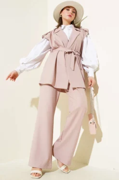 Shoulder Epaulet Belted Vest Two-Piece Set Powder Pink