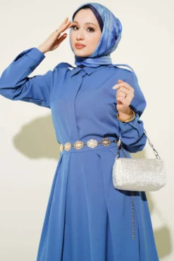 Shoulder Epaulette Pleated Skirt Two-Piece Set Blue wholesale clothing set view 2 - Hicabistan Turkey factory