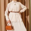 Shoulder Gathered Skirt Modal Two-Piece Set Beige Großhandel clothing set view 2 - Hicabistan Türkei Fabrik