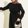 Shoulder Gathered Gold Buckle Tencel Dress Black