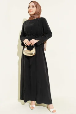 Shoulder Gathered Gold Buckle Tencel Dress Black all'ingrosso dress view 2 - Hicabistan fabbrica Turchia