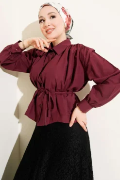 Short Shirt with Shoulder Drawstring and Belt Burgundy