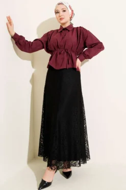 Alternative view of Short Shirt with Shoulder Drawstring and Belt Burgundy