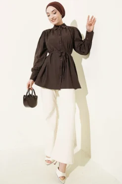 Gathered Shoulder Tie Poplin Shirt Brown all'ingrosso shirt view 2 - Hicabistan fabbrica Turchia