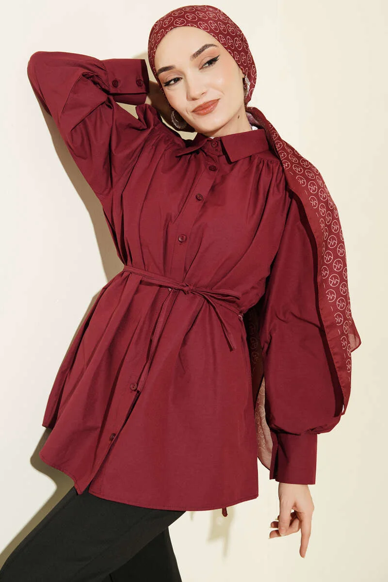 Gathered Shoulder Tie Poplin Shirt Burgundy groothandel shirt - Hicabistan Turkije fabriek