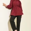 Gathered Shoulder Tie Poplin Shirt Burgundy groothandel shirt view 2 - Hicabistan Turkije fabriek