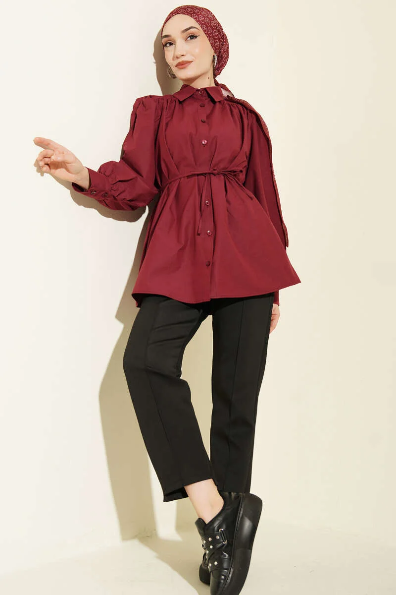 Gathered Shoulder Tie Poplin Shirt Burgundy groothandel shirt view 2 - Hicabistan Turkije fabriek
