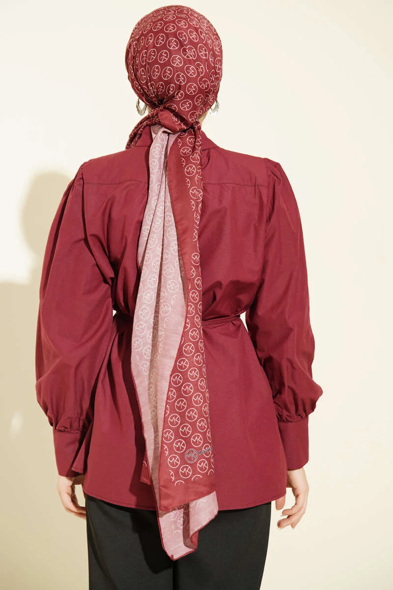 Gathered Shoulder Tie Poplin Shirt Burgundy groothandel shirt view 3 - Hicabistan Turkije fabriek