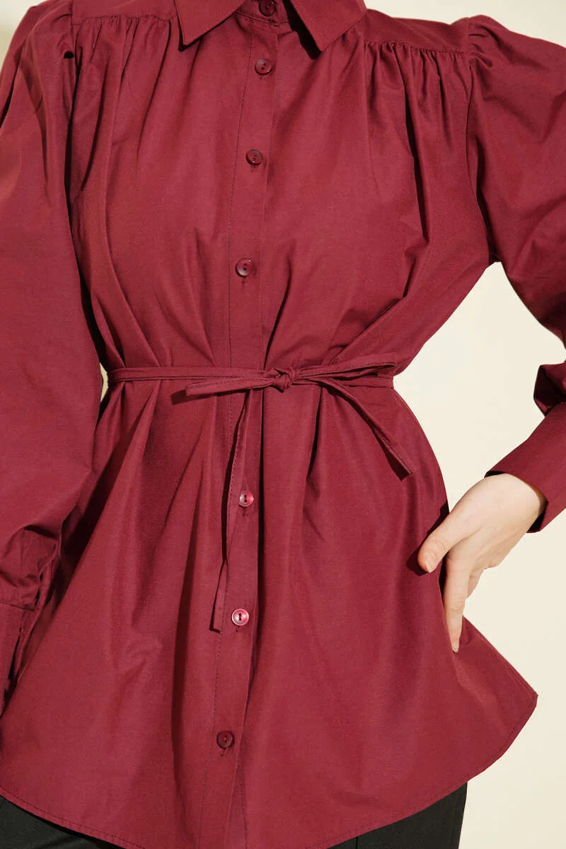 Gathered Shoulder Tie Poplin Shirt Burgundy groothandel shirt view 4 - Hicabistan Turkije fabriek