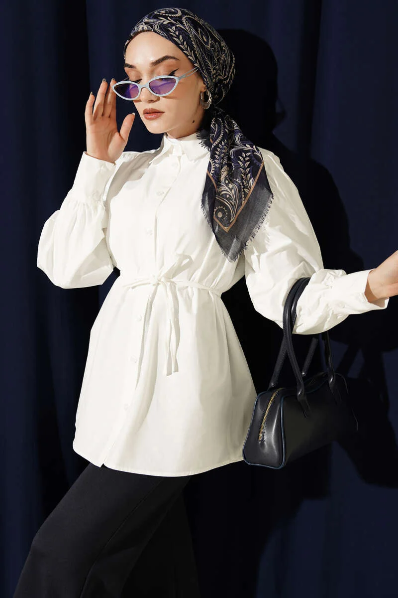 Gathered Shoulder Tie Poplin Shirt Ecru al por mayor shirt - Hicabistan fábrica Turquía