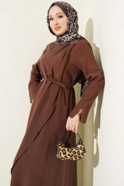 Shoulder Gathered Gold Buckle Tencel Dress Brown