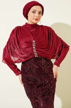 Alternatieve weergave van Shoulder Gathered Beaded Evening Dress Burgundy
