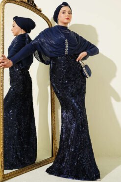 Shoulder Gathered Beaded Evening Dress Navy Blue
