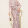 Shoulder Gathered Beaded Evening Dress Powder Pink
