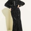 Shoulder Gathered Beaded Evening Dress Black