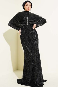 Shoulder Gathered Beaded Evening Dress Black