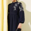 Shoulder Floral Embroidered Button Dress Navy Blue
