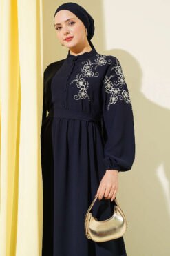 Shoulder Floral Embroidered Button Dress Navy Blue