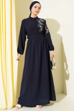 Alternatieve weergave van Shoulder Floral Embroidered Button Dress Navy Blue