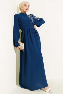 Shoulder Floral Embroidered Button Dress Petrol