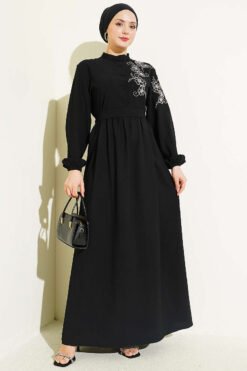 Shoulder Floral Embroidered Button Dress Black