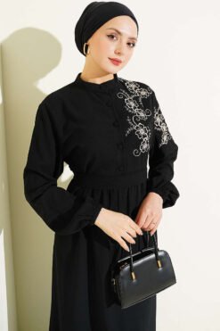 Alternatieve weergave van Shoulder Floral Embroidered Button Dress Black