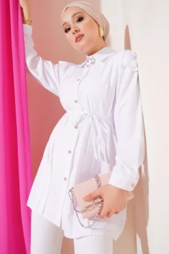 Ruffled Shoulder Belted Shirt White