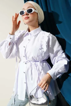 Shoulder Ruffled Heart Button Shirt White