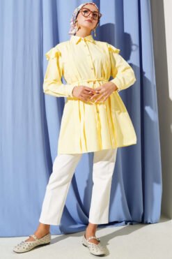 Ruffled Shoulder Belted Shirt Yellow groothandel shirt view 2 - Hicabistan Turkije fabriek