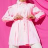 Ruffled Shoulder Belted Shirt Pink wholesale shirt view 5 - Hicabistan Turkey factory