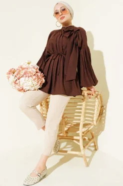 Shoulder Bow Loose Tunic Brown