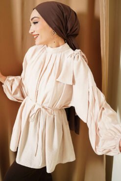 Shoulder Bow Loose Tunic Beige
