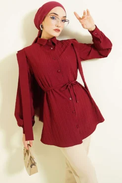 Shoulder Belted Striped Embossed Shirt Burgundy
