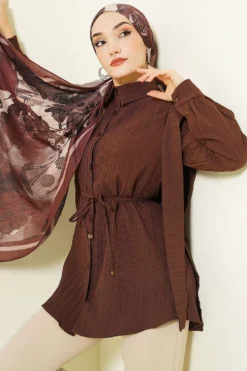 Shoulder Belted Striped Embossed Shirt Brown