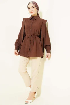 Alternative view of Shoulder Belted Striped Embossed Shirt Brown