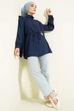 Alternative view of Shoulder Belted Striped Embossed Shirt Navy Blue