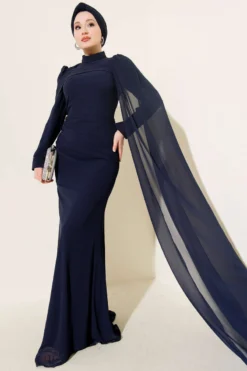 Alternative view of Shoulder Cape Fish Model Evening Dress Navy Blue