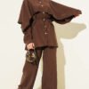 Shoulder Cape with Gold Button Two-Piece Set Brown