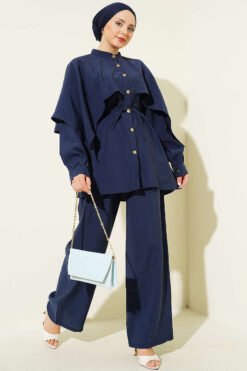 Shoulder Cape with Gold Button Two-Piece Set Navy Blue groothandel clothing set - Hicabistan Turkije fabriek