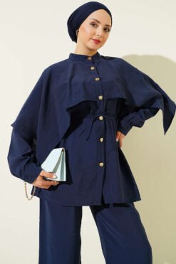 Shoulder Cape with Gold Button Two-Piece Set Navy Blue groothandel clothing set view 2 - Hicabistan Turkije fabriek