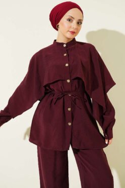 Shoulder Cape with Gold Button Two-Piece Set Plum groothandel clothing set view 2 - Hicabistan Turkije fabriek