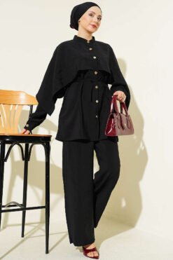 Shoulder Cape with Gold Button Two-Piece Set Black groothandel clothing set view 2 - Hicabistan Turkije fabriek